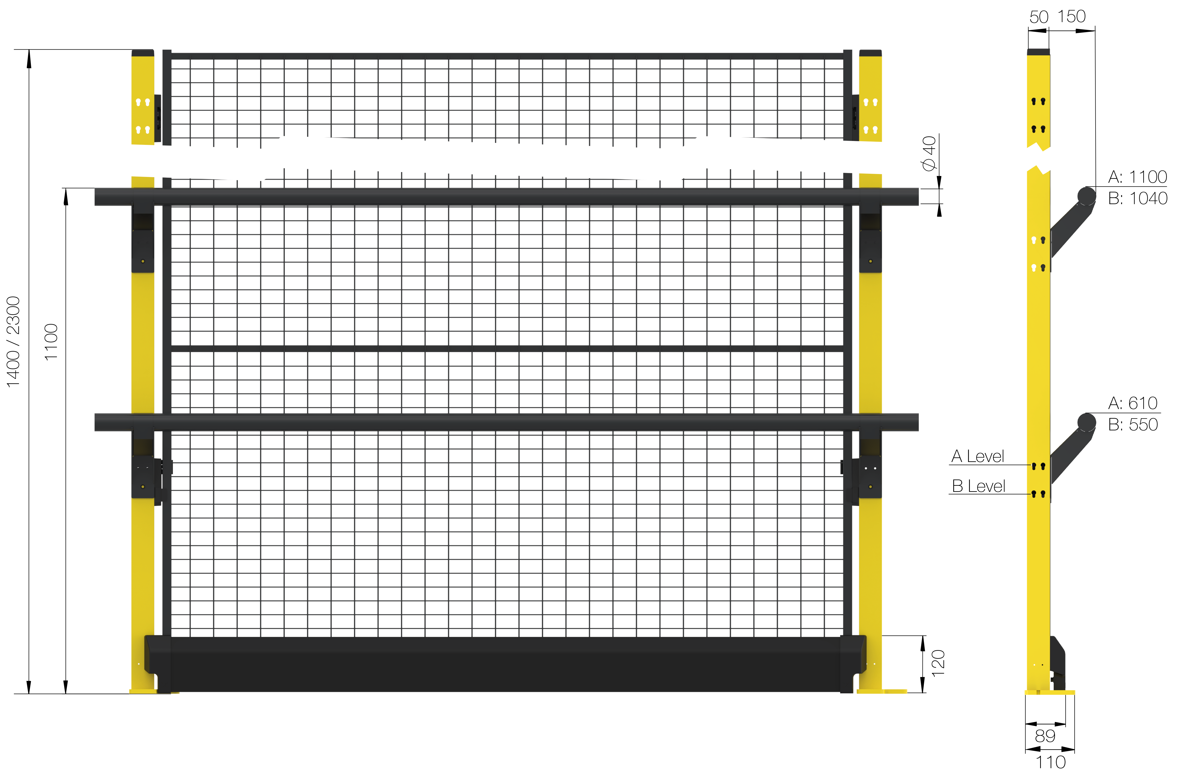Höjd 1400 mm utan panel